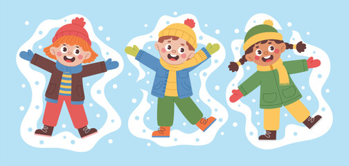 Happy Young Children Making Snow Angels Side by Side in Winter Snow. Colorful Cartoon Vector Illustration Showing Joyful Play, Winter Fun, and Childhood Memories