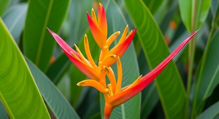 Obraz premium Vibrant Orange and Red Heliconia Flower Closeup Against Lush Green Foliage