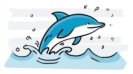Obraz premium Playful cartoon dolphin jumping out of water, bold black outlines, minimal flat design, kid-friendly illustration.