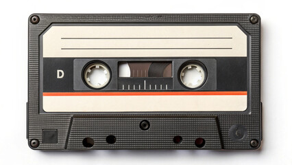 Obraz premium Vintage Audio Cassette Tape with Label Space and Spools on White Background retro music