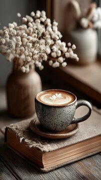 Coffee Cup on Vintage Book: A close-up shot of a beautifully decorated cup of coffee, resting atop an antique book. In the background, dried flowers in a vase create a serene and inviting atmosphere.