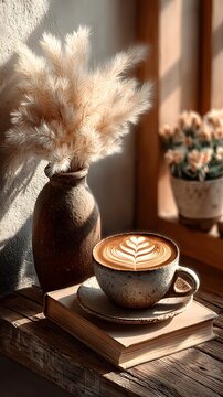 Warm Cafe Latte Moment: A serene composition featuring a latte with latte art alongside a vase with fluffy ornamental grass on a wooden windowsill.