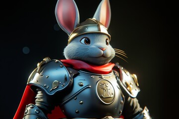 A cute rabbit dressed in a warrior mascot costume is set against a black background, representing the 12 Chinese zodiac signs horoscope concept, available as stock