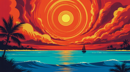 A digital art illustration of a vibrant sunset over a tropical ocean