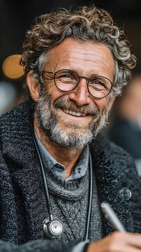 Smiling Professional with Stethoscope: A close-up, intimate portrait of a smiling, professional individual, donning spectacles and a stethoscope, exudes a sense of expertise and care.