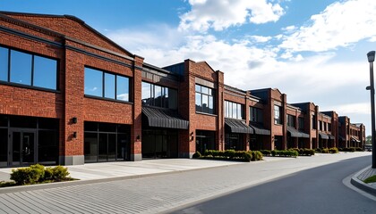 Row of red brick commercial buildings