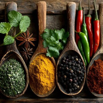 Spice Symphony: A visually stunning close-up shot featuring an array of aromatic spices artfully arranged on wooden spoons, capturing the essence of culinary artistry.