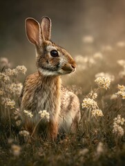 Fototapeta premium A Captivating Portrait of a Wild Rabbit Amidst a Field of Delicate White Flowers