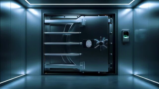 A modern bank vault door partially open inside a sleek, illuminated security room