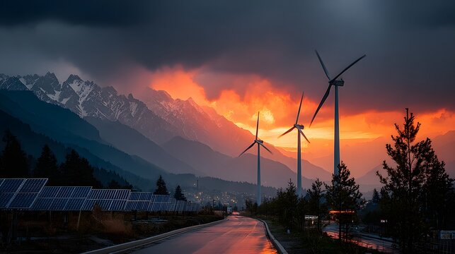 Harnessing the Power of Nature: Majestic wind turbines stand tall against a dramatic sunset backdrop with mountain silhouette and solar panels, a captivating scene of sustainable energy