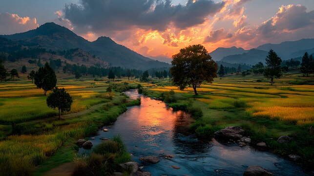 Serene River Sunset: A picturesque sunset bathes a calm river, flowing through a verdant valley with rolling hills and scattered trees, creating a harmonious symphony of nature's beauty.
