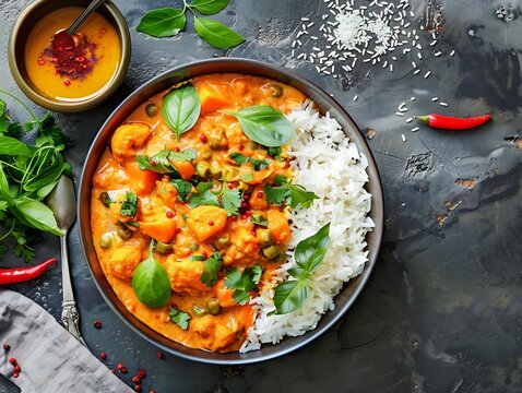 homemade cooked meal on rustic table curry rice 2