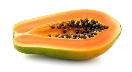A vibrant close-up shot of a halved papaya, showcasing its orange flesh and black seeds, isolated on a white background, capturing the freshness and detail of the tropical fruit .