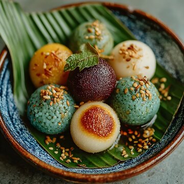 Colorful Rice Cakes: An inviting close-up presents a visually captivating arrangement of artfully crafted rice cakes on a fresh green leaf.