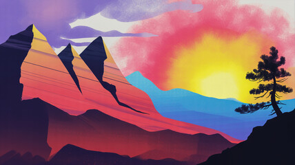 A digital painting of a dramatic mountain landscape at sunset.