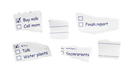 Task torn checklist reminders Milk mom report plants on notes to do work business planning on transparent background