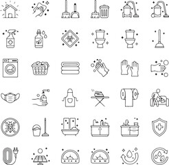 Housekeeping icons set. Detailed vector illustration featuring a wide range of cleaning tools, supplies, equipment, and maintenance symbols perfect for home, office,