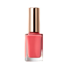 A single bottle of coral nail polish with a gold cap isolated on a black background in a studio shot