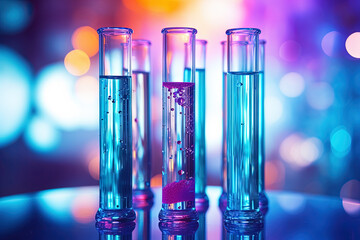 Colorful laboratory glass test tubes with bubbling liquid and vibrant bokeh lights in background. Concept of science experiment, research, and innovation. Generated AI