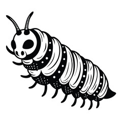 Stylized Black and White Caterpillar Illustration Featuring Detailed Segmented Body and Antennae Design Against a Clean White Background