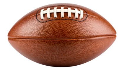 Classic brown leather American football with white laces, isolated on a transparent background PNG.
