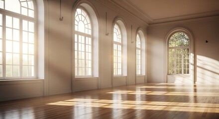 Obraz premium Sunlit Arched Windows Cast Shadows on Hardwood Floor in Empty Room