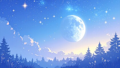 Serene starry night sky illustration over a forest with a full moon in a vibrant blue hue