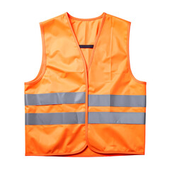 Bright orange high-visibility safety vest with reflective stripes, isolated on a transparent background