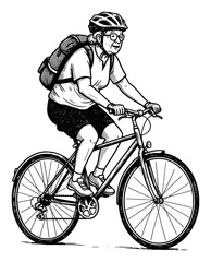 Fototapeta premium Grandma Cycling with Backpack and Helmet Wearing Glasses Side View Black and White Outline Line Art Drawing