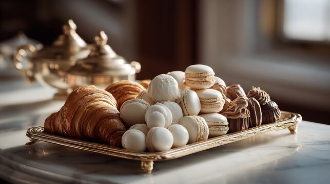 Delicious assortment of pastries on a golden tray for a delectable breakfast treat
