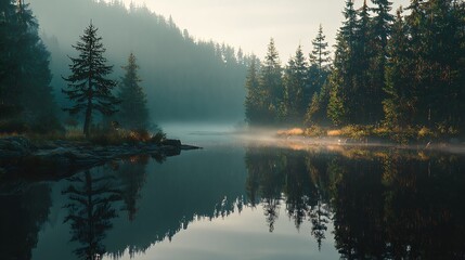 Obraz premium Serene forest lake landscape with morning mist and captivating tree reflections