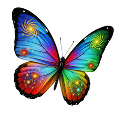 Vibrant rainbow butterfly with swirling galaxy patterns and glowing dots digital art transparent background