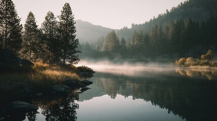 Serene waterscape featuring misty lake, mountains, and verdant evergreen trees at dawn