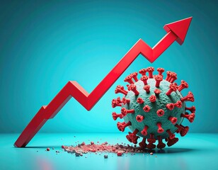 The spread of COVID-19 is depicted as a contagious virus causing a sharp decline in a red arrow graph, symbolizing the pandemic's impact on the global economy.