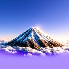 A majestic mountain peak rises above the clouds, illuminated by the warm glow of sunlight. The serene atmosphere captures the beauty of nature and invites adventure seekers.