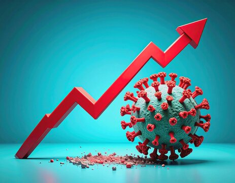 The spread of COVID-19 is depicted as a contagious virus causing a sharp decline in a red arrow graph, symbolizing the pandemic's impact on the global economy.