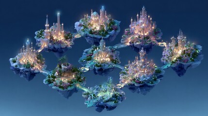 Mystical floating cityscapes with illuminated castles connected by ethereal pathways
