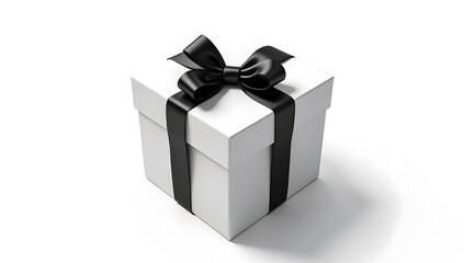White gift box tied with blue ribbon on clean background