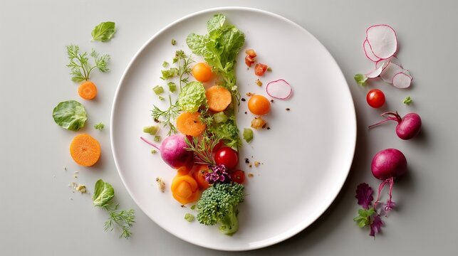 Colorful salad with fresh vegetables on white plate