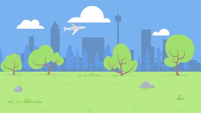 Flat cartoon city skyline with airplane and trees flat design