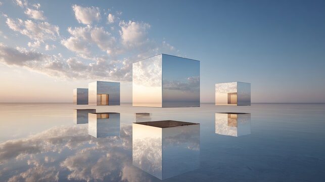 Reflective architectural cubes reflecting the sky and clouds on a smooth surface