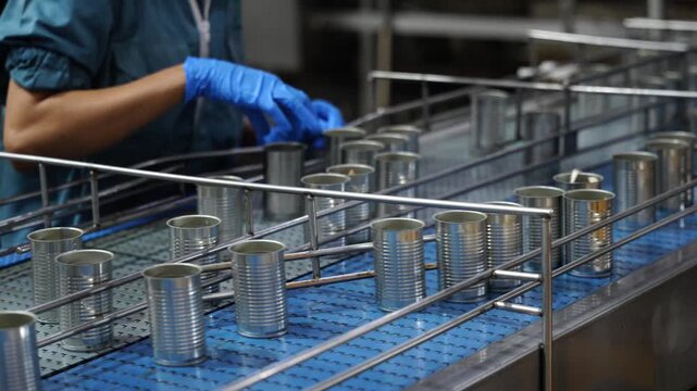 Automated Production Line: A close-up of a food processing plant's automated conveyor belt system, with rows of empty cans being prepared for filling, highlighting efficiency and modern manufacturing.