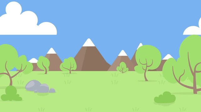 Flat cartoon landscape with trees mountains and clouds