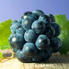 Close-up of a dark-purple grape cluster, glistening with water droplets, resting on a wooden surface, with green leaves in the background