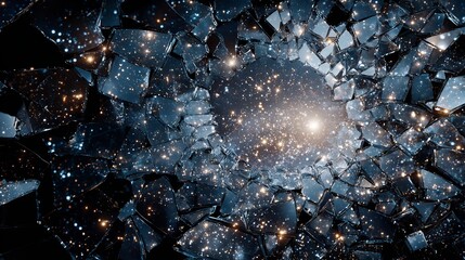 Fractured cosmos illustration with shining fragments and cosmic light radiating from a center