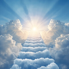 A surreal scene features a stairway adorned with clouds, symbolizing hope, ascension, and spiritual enlightenment. The heavenly atmosphere evokes feelings of peace, transcendence, and inspiration, as 