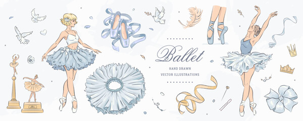 Hand drawn sketch ballet set. Vector illustration of ballerina and ballet studio elements isolated on background © AM_art