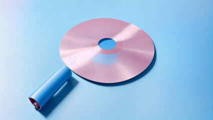 Pink Vinyl Record on Blue Background