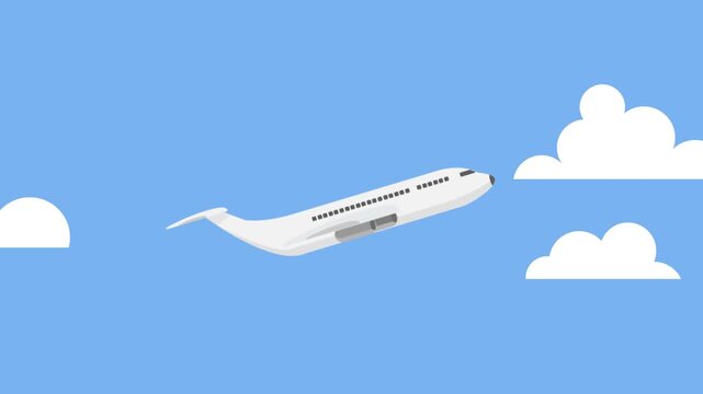 White Airplane Ascending Through Clouds in Blue Sky