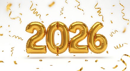 Golden balloons forming the year 2026 with falling confetti © Taslima Dolon